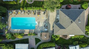 A view of the pool and clubhouse from above